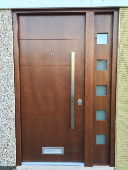 Fort Security Contemporary Front Door With Okume Wood Finish And 1 Glazed Side Panel