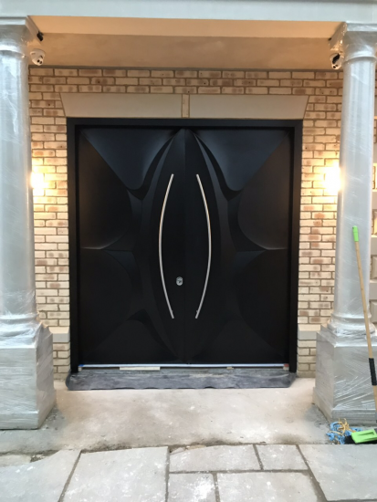 Fort Security Contemporary Front Door With Curved Metal Handles