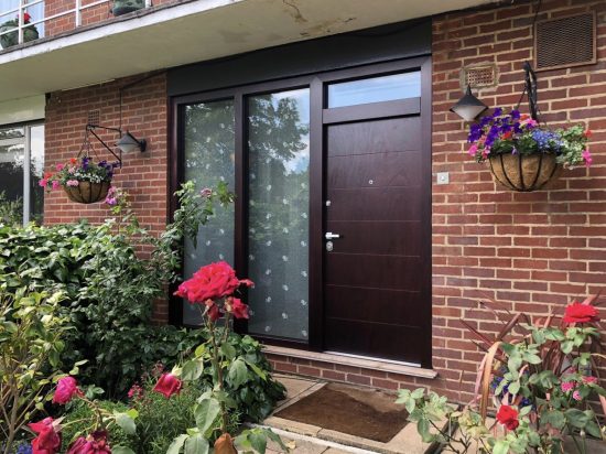 Fort Security Front Door In Okume Wood With Large Side Glass And Transom